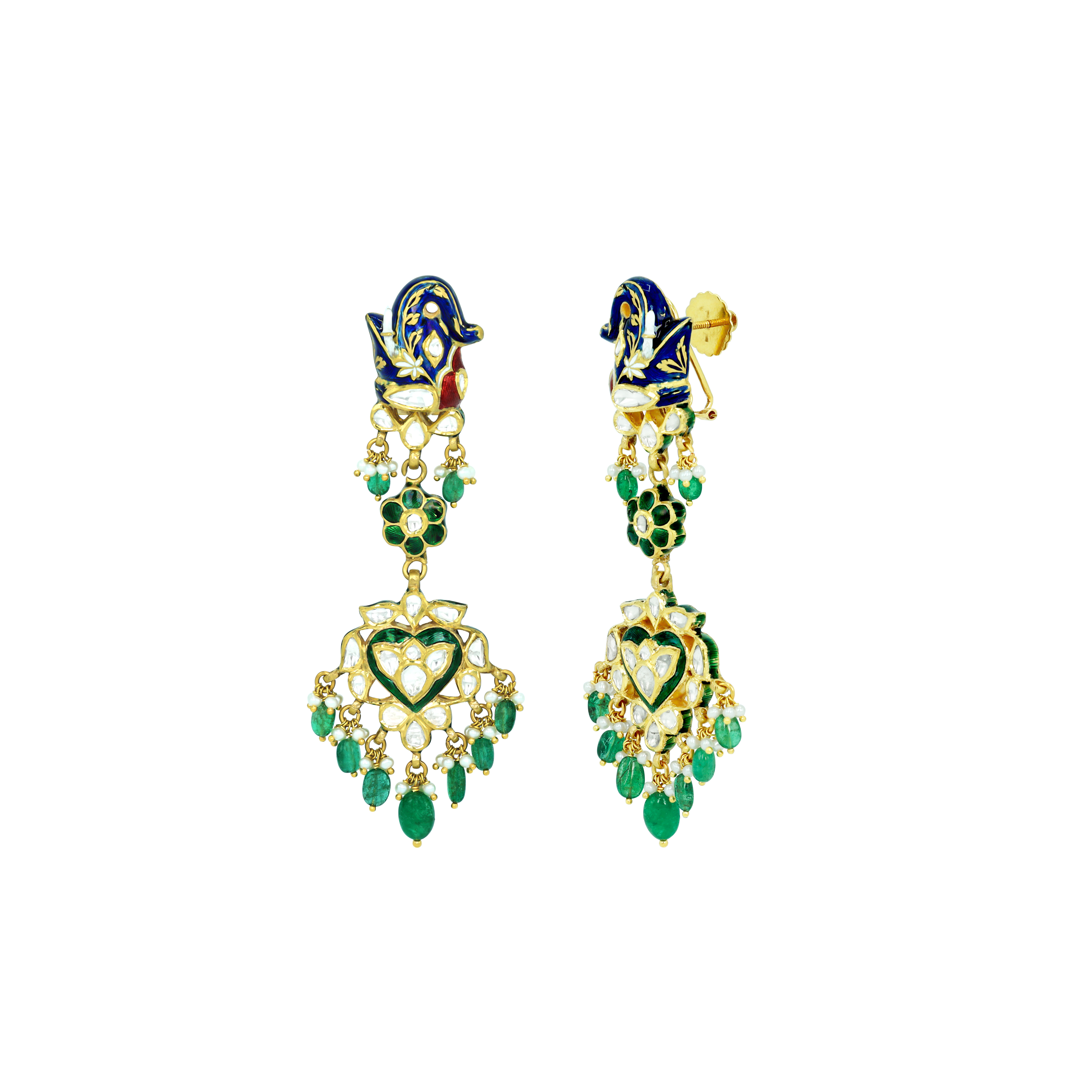 Earrings with Blue Enamel, Polki, and Emerald Drops